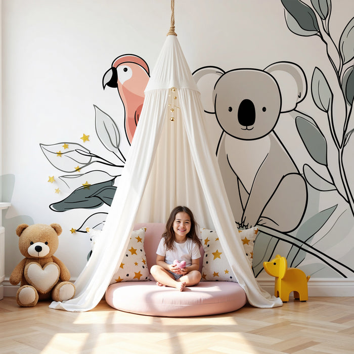 Papier peint chambre enfant | Koala et perroquet sur fond de feuilles