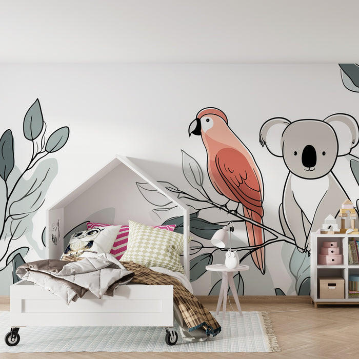 Papier peint chambre enfant | Koala et perroquet sur fond de feuilles
