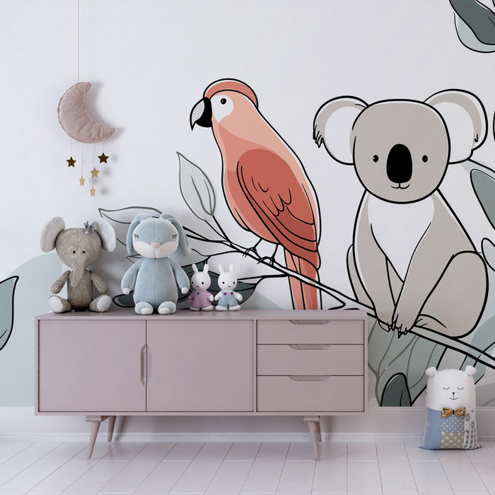 Papier peint chambre enfant | Koala et perroquet sur fond de feuilles