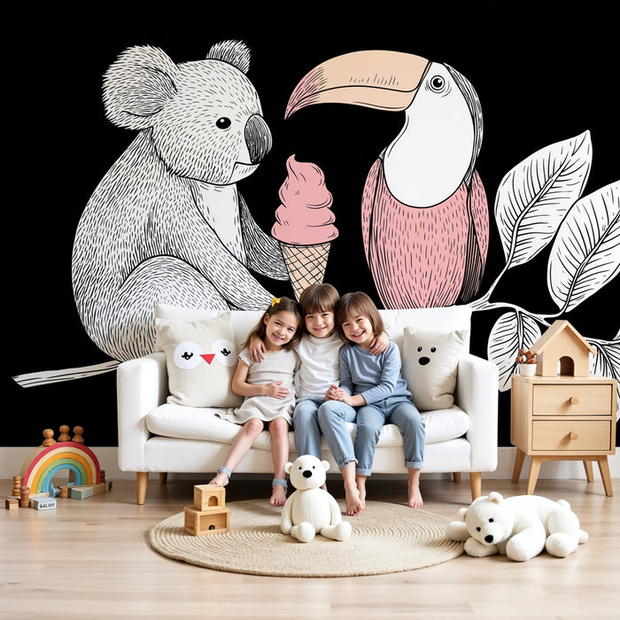 Papier peint chambre enfant | Koala gourmand et toucan coloré