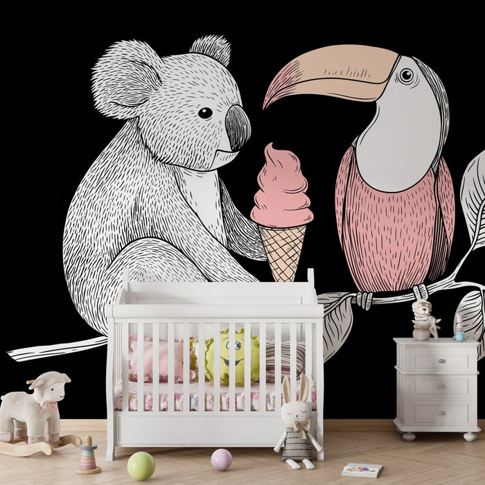 Papier peint chambre enfant | Koala gourmand et toucan coloré