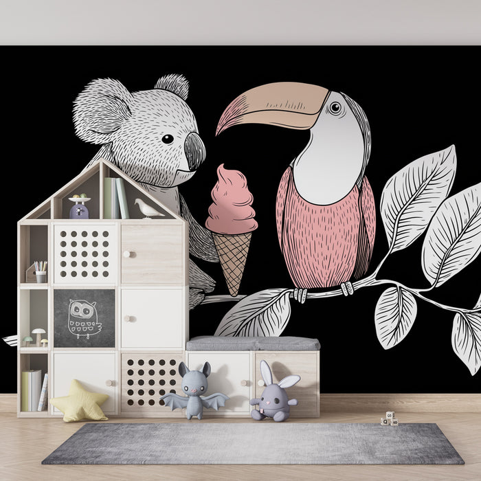 Papier peint chambre enfant | Koala gourmand et toucan coloré