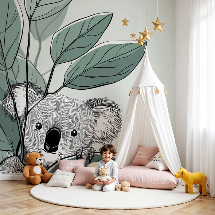 Papier peint chambre enfant | Koala joue à cache-cache parmi les feuilles