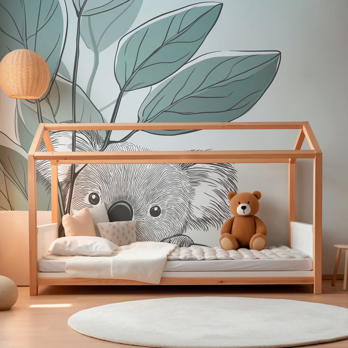 Papier peint chambre enfant | Koala joue à cache-cache parmi les feuilles