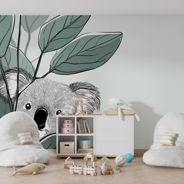 Papier peint chambre enfant | Koala joue à cache-cache parmi les feuilles