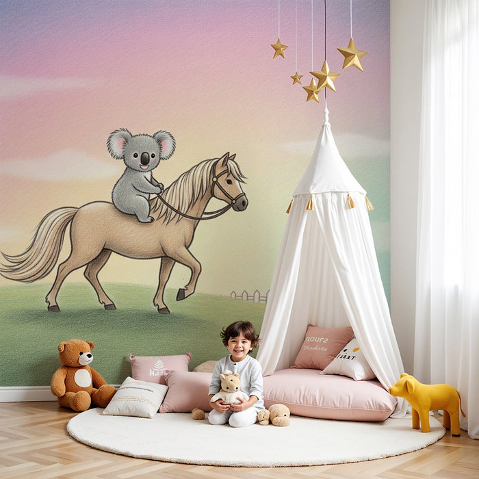 Kinderzimmer Tapete | Fröhlicher Koala reitet auf einem bunten Landschaft