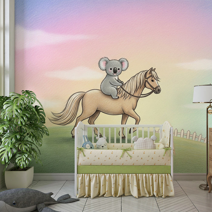 Kinderzimmer Tapete | Fröhlicher Koala reitet auf einem bunten Landschaft