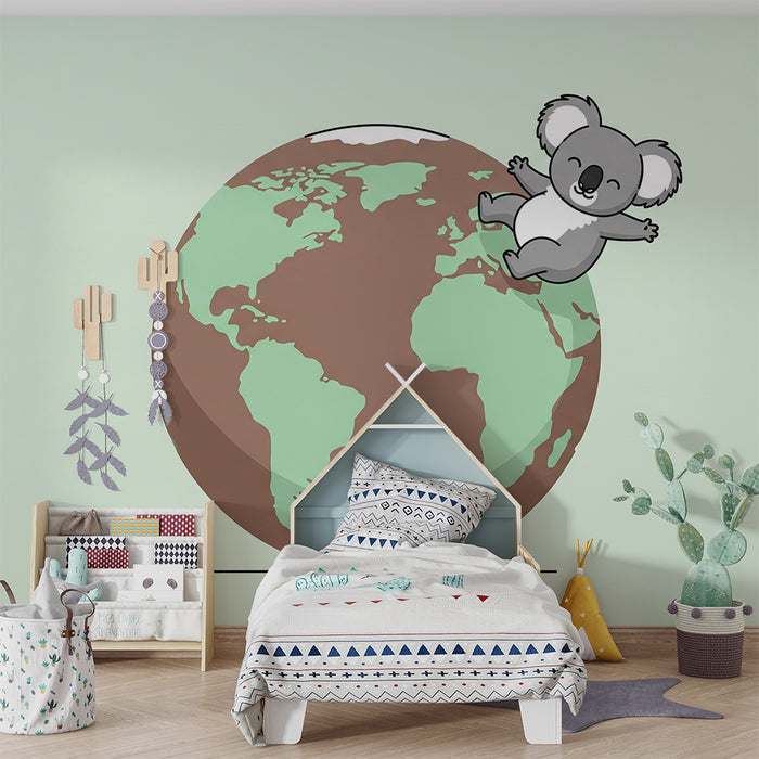 Papier peint chambre enfant | Koala joyeux sur le globe terrestre