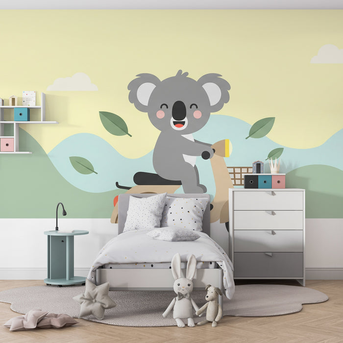 Papel de parede criança | Koala feliz em seu patinete