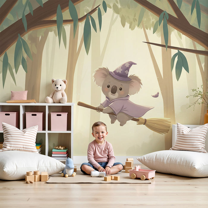 Papier peint chambre enfant | Koala magique sur un balai dans une forêt enchantée