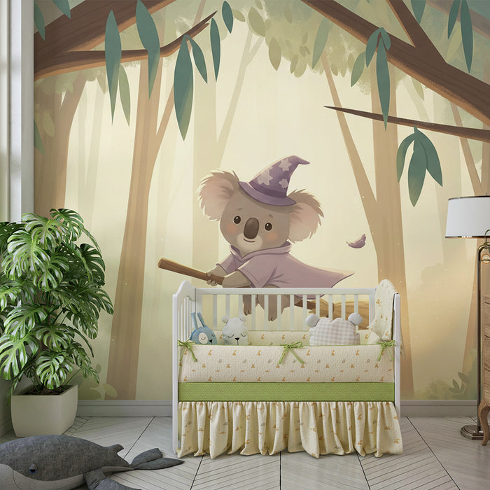 Papier peint chambre enfant | Koala magique sur un balai dans une forêt enchantée
