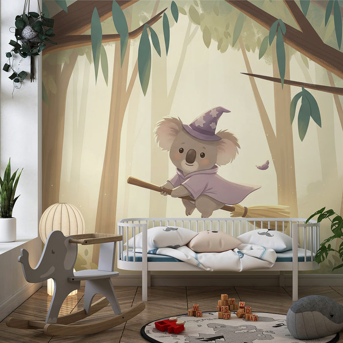 Papier peint chambre enfant | Koala magique sur un balai dans une forêt enchantée