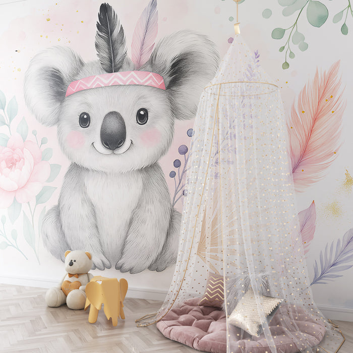 Tapet barnerom | Søt koala midt blant blomster og fjær