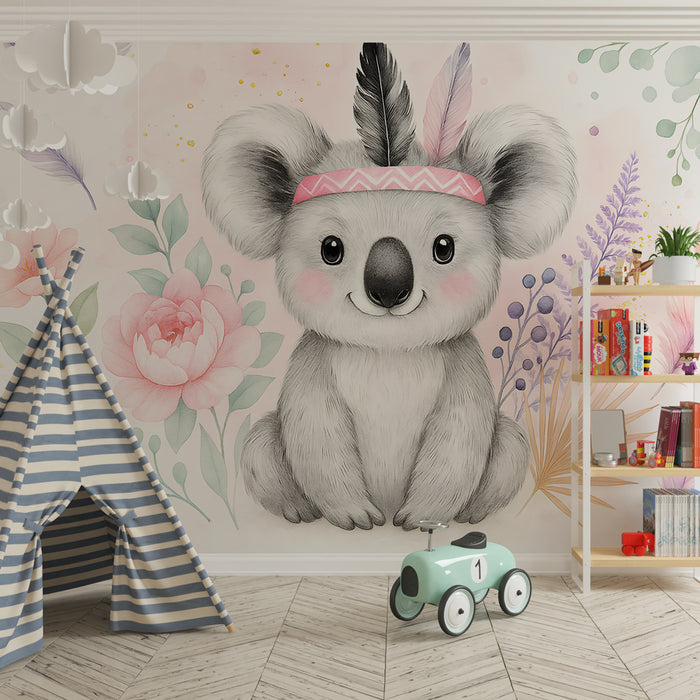 Tapet barnerom | Søt koala midt blant blomster og fjær