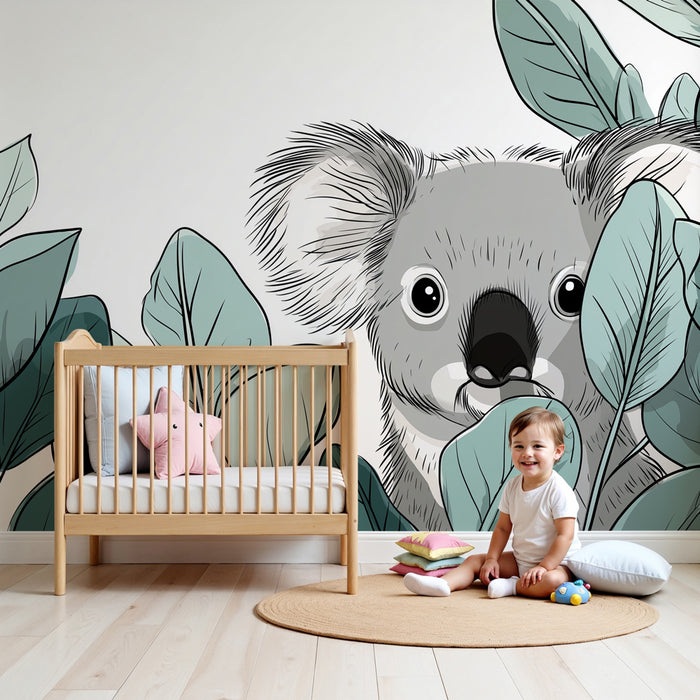 Papier peint chambre enfant | Koala mignon au milieu des feuilles