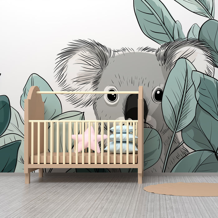 Papier peint chambre enfant | Koala mignon au milieu des feuilles
