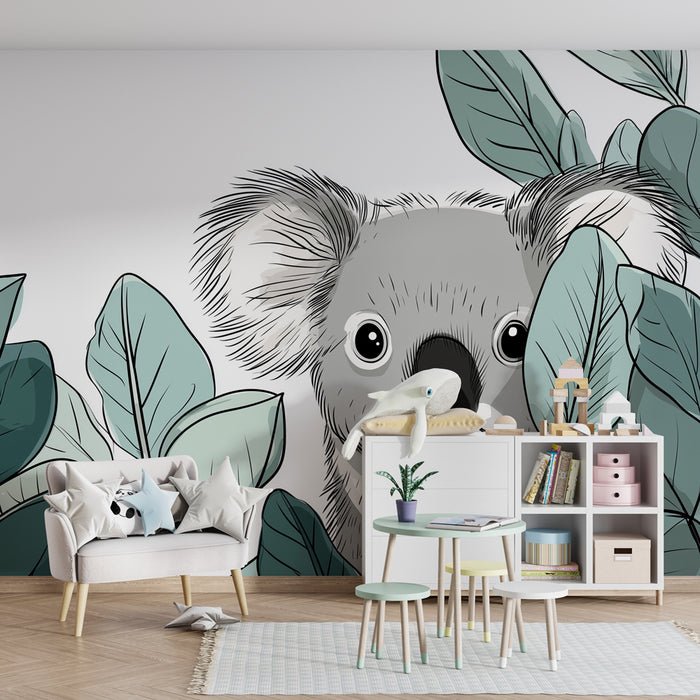 Papier peint chambre enfant | Koala mignon au milieu des feuilles