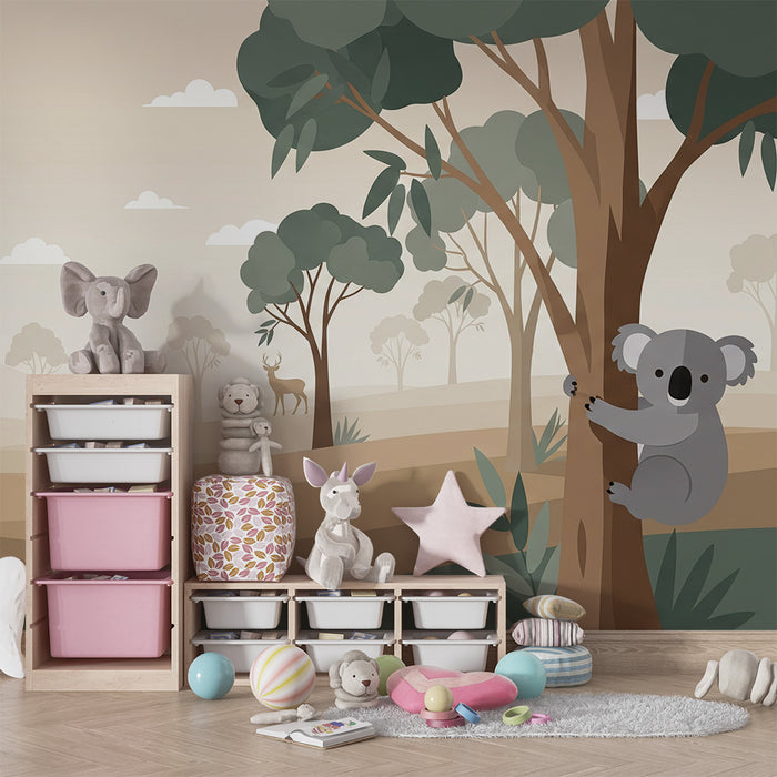 Tapeta do pokoju dziecięcego | Uroczy koala i naturalny krajobraz z jeleniem