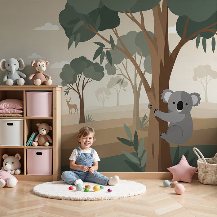Tapeta do pokoju dziecięcego | Uroczy koala i naturalny krajobraz z jeleniem
