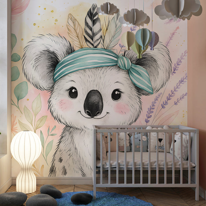 Kinderzimmer Tapete | Niedlicher Koala und zarte Vegetation