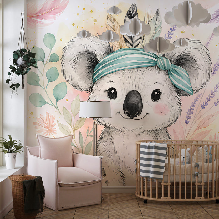 Kinderzimmer Tapete | Niedlicher Koala und zarte Vegetation