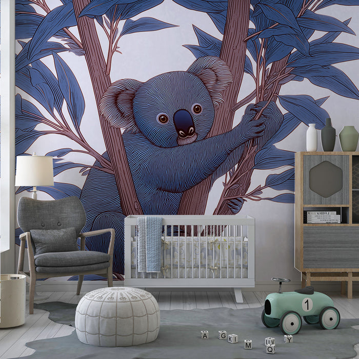 Børneværelse tapet | Sød koala sidder på en eukalyptusgren