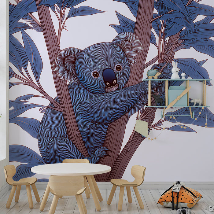 Børneværelse tapet | Sød koala sidder på en eukalyptusgren