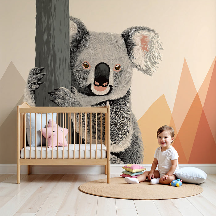 Papier peint chambre enfant | Koala mignon sur fond géométrique coloré