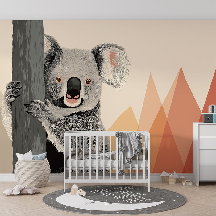 Papier peint chambre enfant | Koala mignon sur fond géométrique coloré