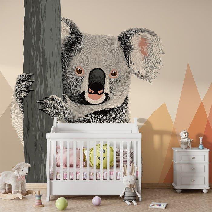 Papier peint chambre enfant | Koala mignon sur fond géométrique coloré