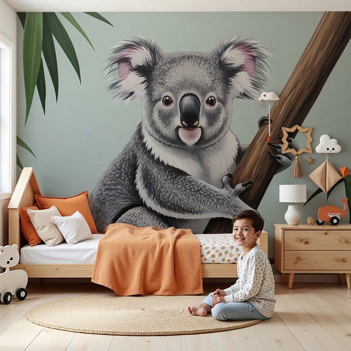 Børneværelses tapet | Nuttede koalaer på gren med tropisk løv