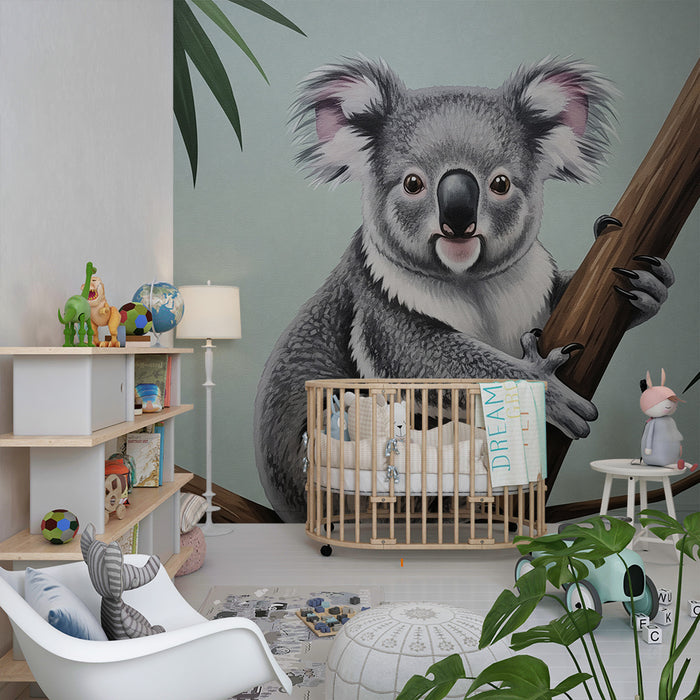 Børneværelses tapet | Nuttede koalaer på gren med tropisk løv