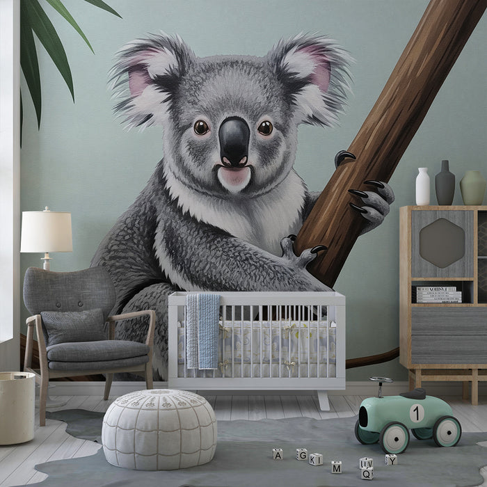 Børneværelses tapet | Nuttede koalaer på gren med tropisk løv