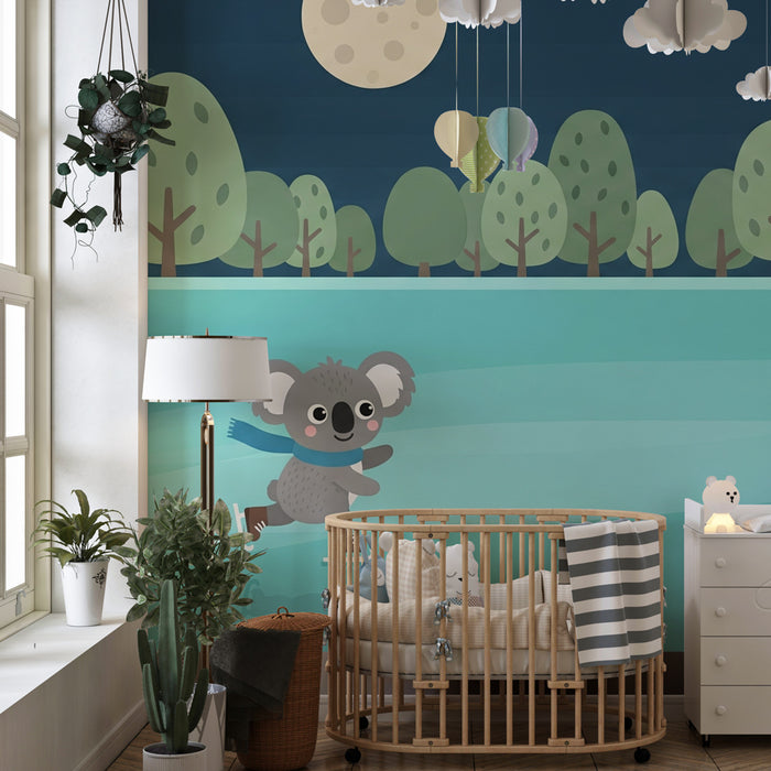 Kinderzimmer Tapete | Koala Skater unter dem Vollmond
