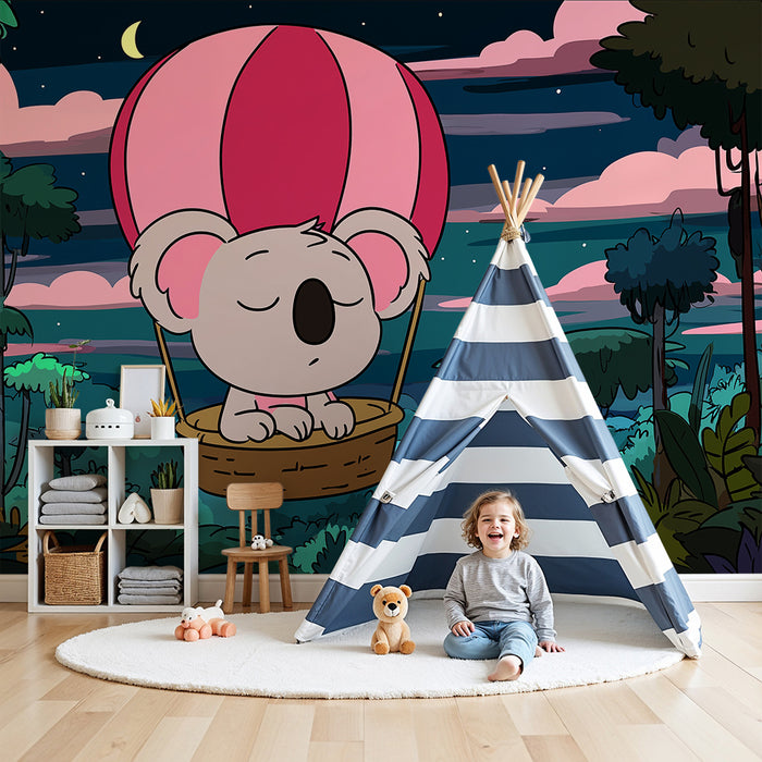 Barntapet | Drömmande koala i en stjärnklar himmel med luftballong