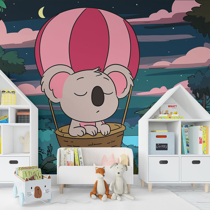 Barntapet | Drömmande koala i en stjärnklar himmel med luftballong