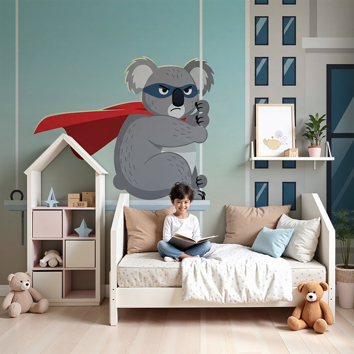 Kids room wallpaper | Koala superhero in full action on urban background