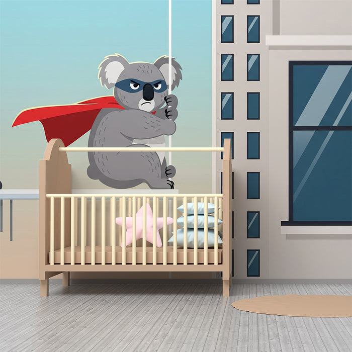 Kids room wallpaper | Koala superhero in full action on urban background