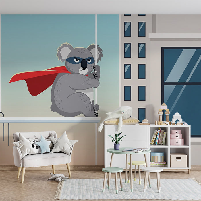 Kids room wallpaper | Koala superhero in full action on urban background