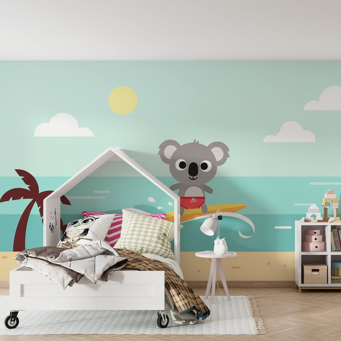 Tapety dla dzieci | Koala na desce surfingowej na plaży