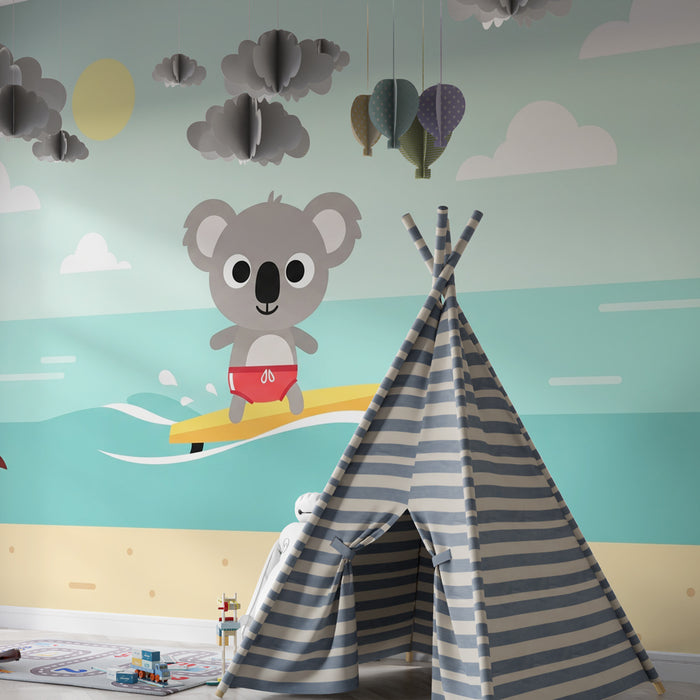 Tapety dla dzieci | Koala na desce surfingowej na plaży