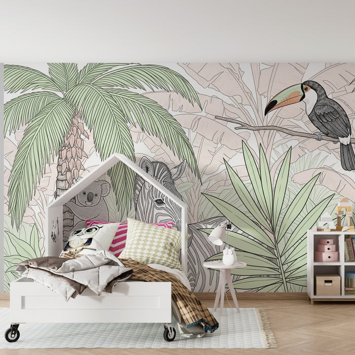 Kinderkamer behang | Koala, zebra en toekan in de jungle