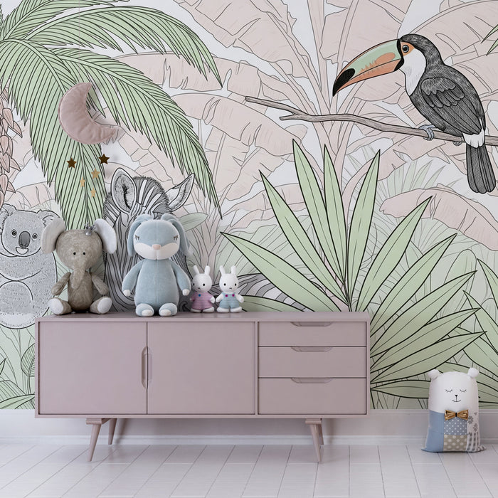 Kinderkamer behang | Koala, zebra en toekan in de jungle
