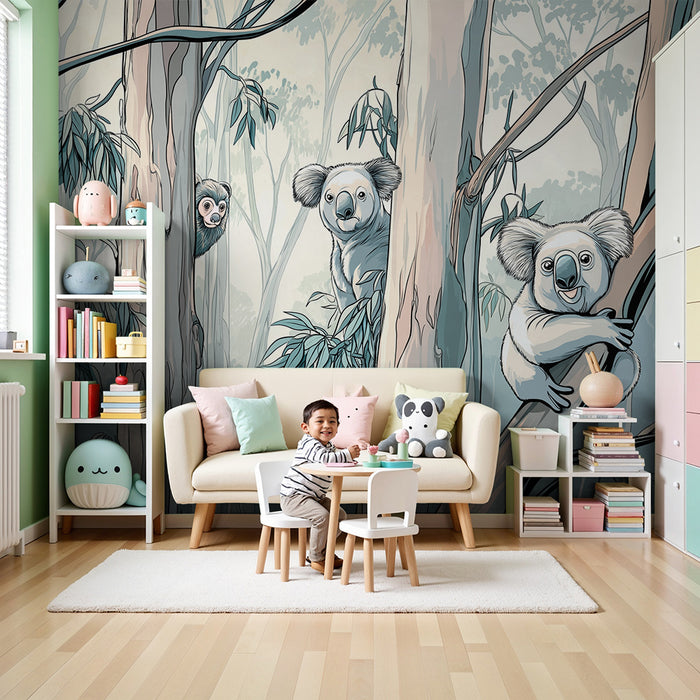 Kinderzimmer Tapete | Koalas und Affen in einem Eukalyptuswald