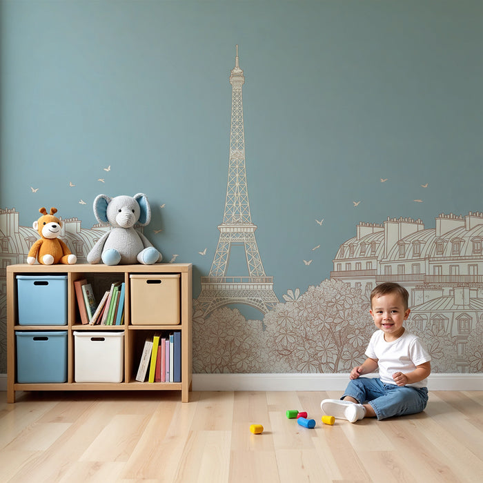 Børneværelses tapet | Eiffeltårnet omgivet af blomster og fugle