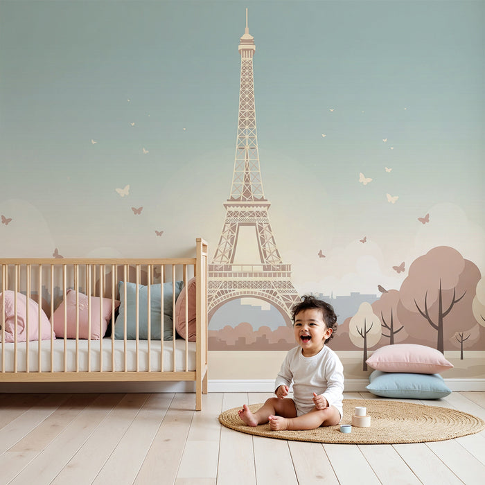 Papel de parede infantil | Torre Eiffel e um jardim tranquilo com borboletas