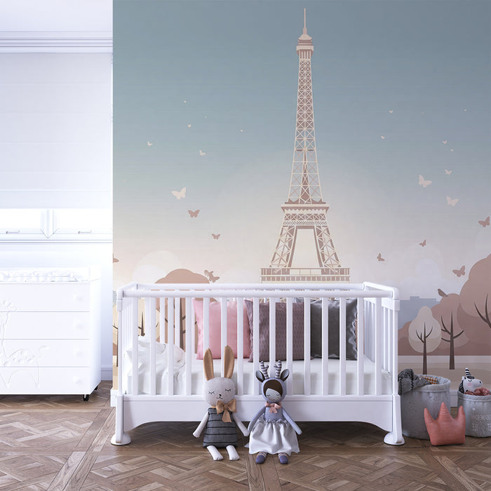 Papel de parede infantil | Torre Eiffel e um jardim tranquilo com borboletas
