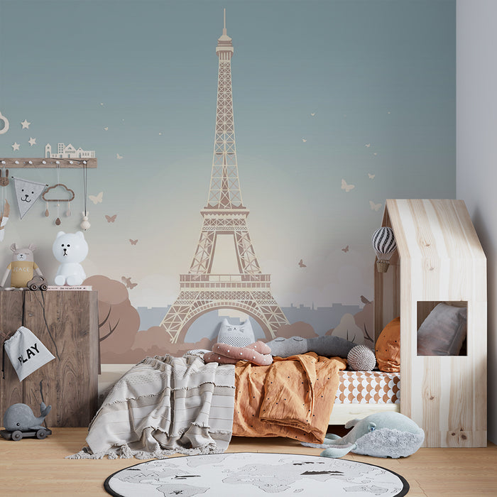 Papel de parede infantil | Torre Eiffel e um jardim tranquilo com borboletas