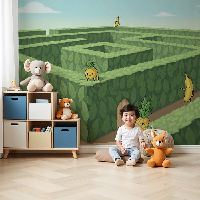 Papel de parede para quarto de criança | Labirinto divertido com frutas sorridentes