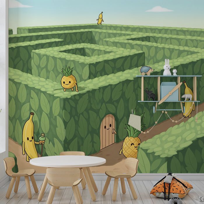 Papel de parede para quarto de criança | Labirinto divertido com frutas sorridentes